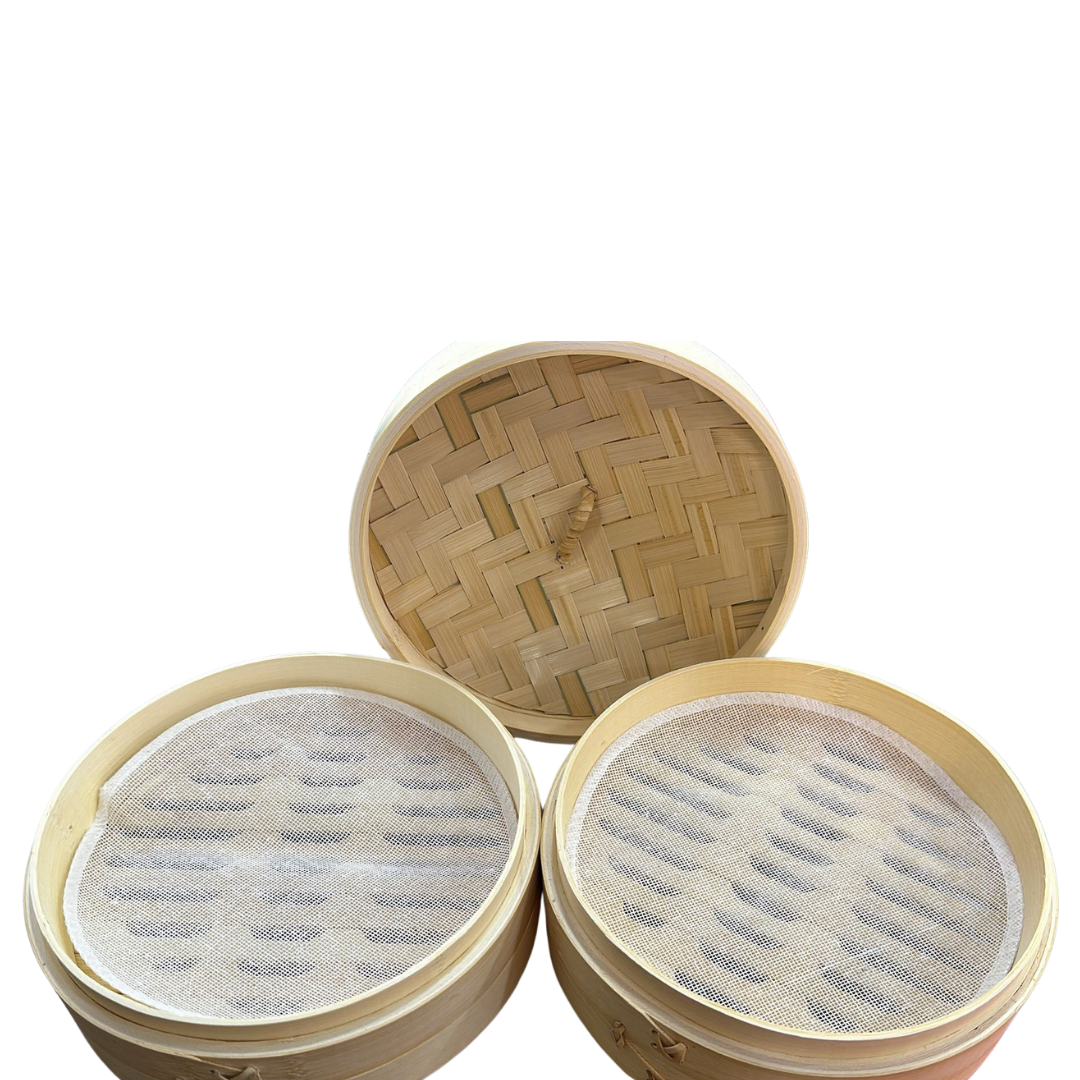 Bamboo steamer two layer with cover and reusable steaming sheet - 8 inch